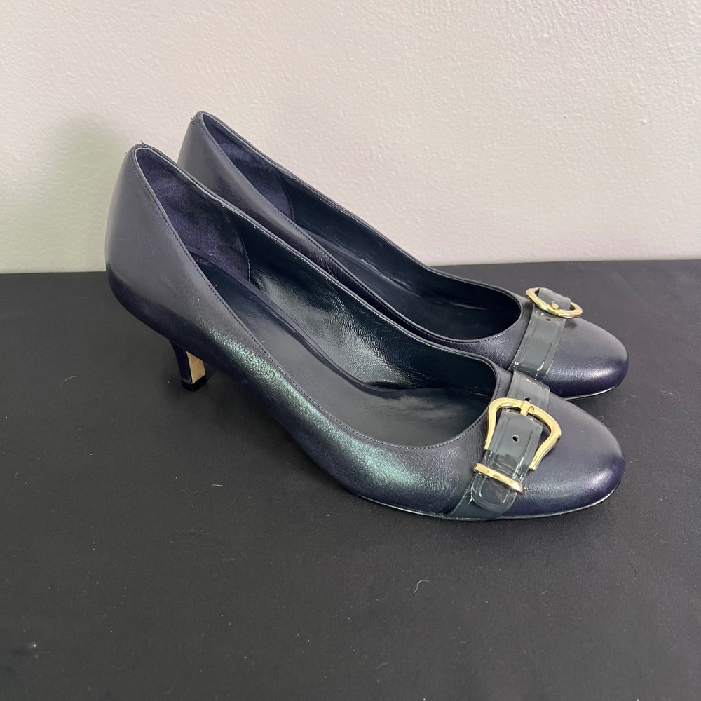 Cole Haan Nike Air Pumps 10.5 Navy Blue Leather Kitten Heel Buckle Office Luxury - Picture 3 of 10